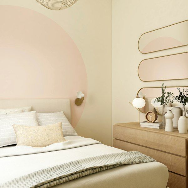 Bedroom, bed made and styled